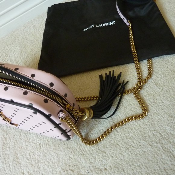 SAINT LAURENT YSL Mini 'Lou' Logo Polka Dot Pattern Leather Crossbody Bag (Pink) - Picture 8 of 12